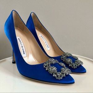 Manolo Blahnik Hangisi Blue Satin Jewel Buckle Pumps